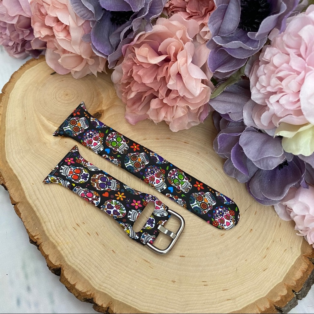 Colorful Day of the Dead Sugar Skull Silicone Watchband for Apple - Picture 7 of 13